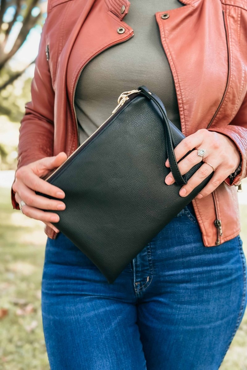 Black XL Vegan Leather Wristlet, Card Slots|Oversized Convertible