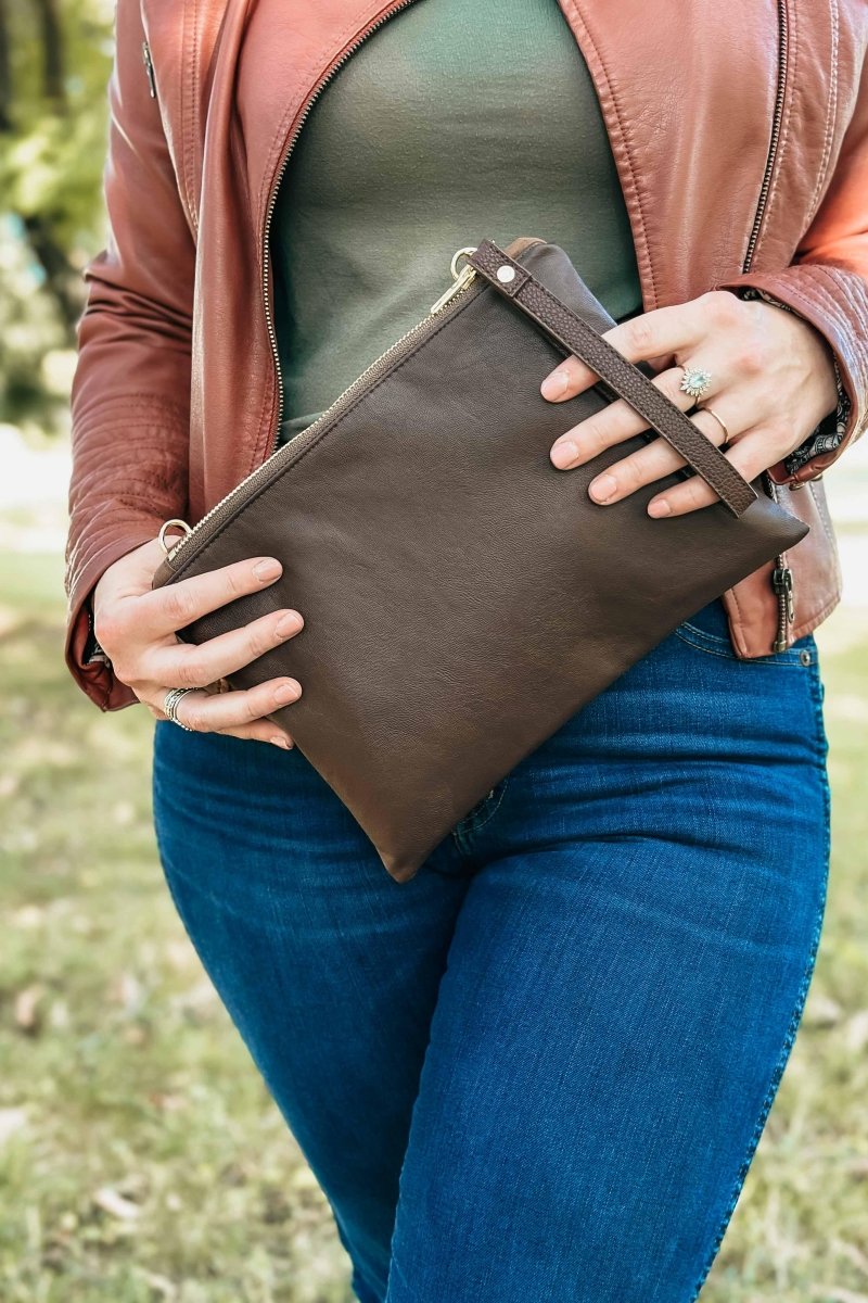 Brown XL Vegan Leather Wristlet, Card Slots|Oversized Convertible