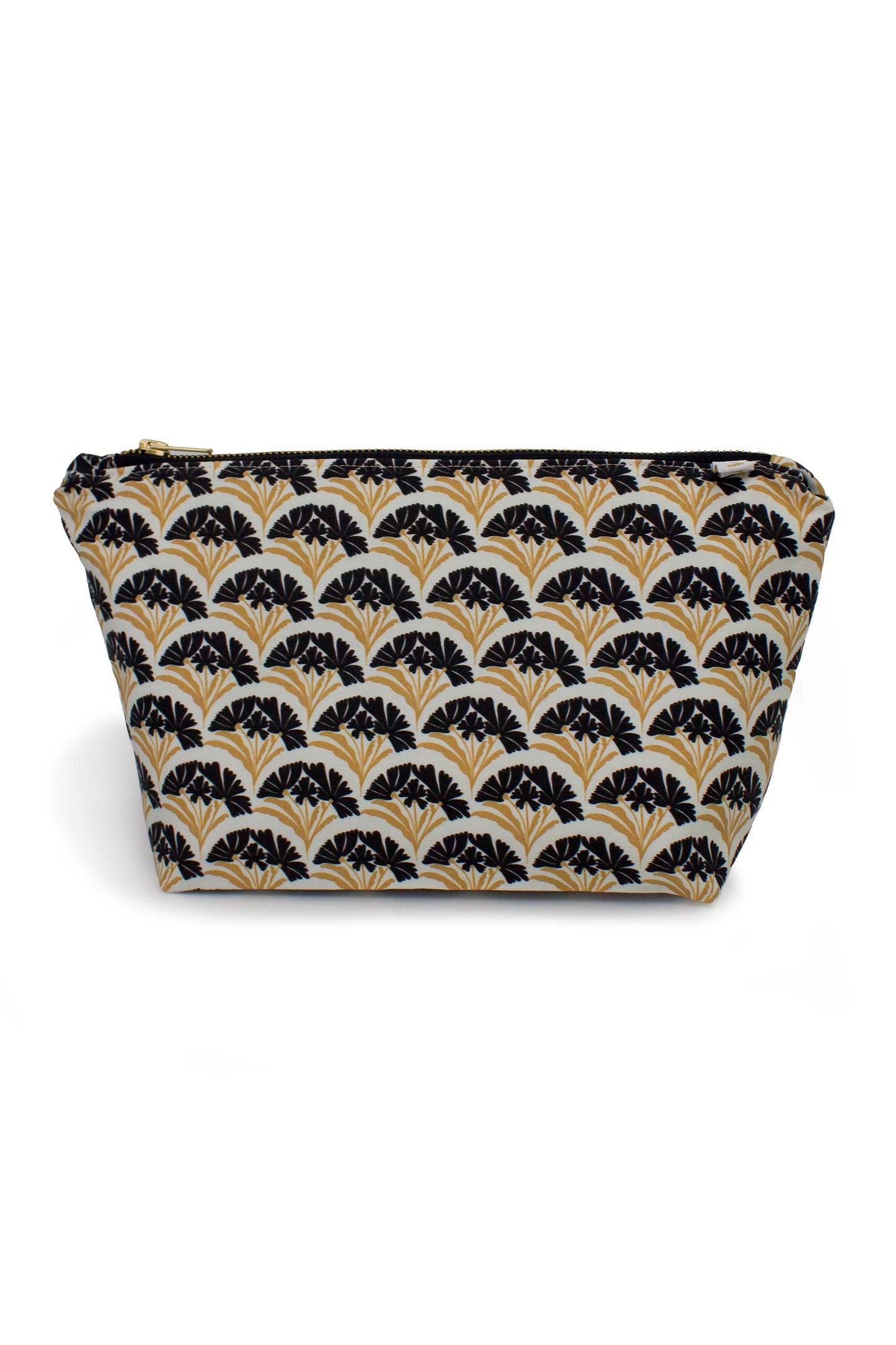 Art Deco Scallop Classic Maxx toiletry bag featuring a cream, black and gold floral scallop pattern with black zipper.