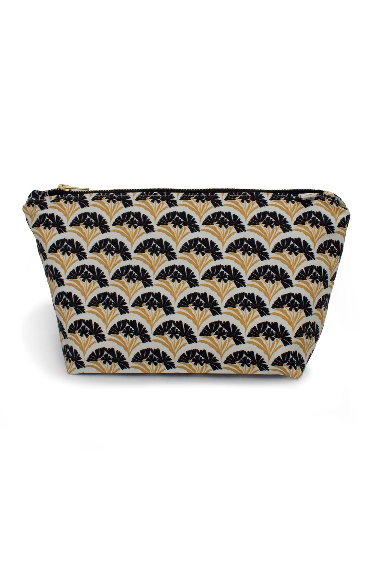 Art Deco Scallop Classic Maxx toiletry bag featuring a cream, black and gold floral scallop pattern with black zipper.