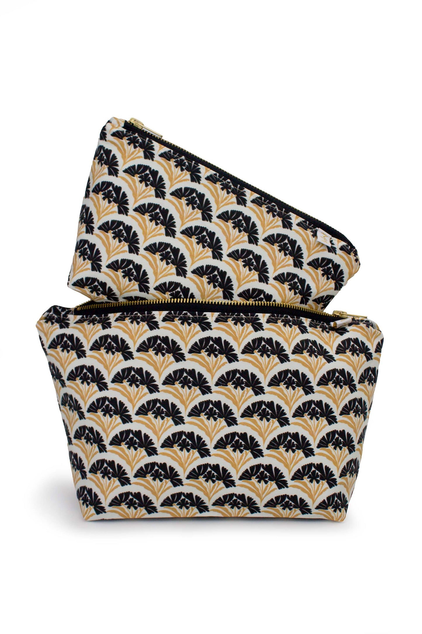 Art Deco Scallop Classic Mini Maxx and larger Maxx toiletry bags shown together for size comparison.