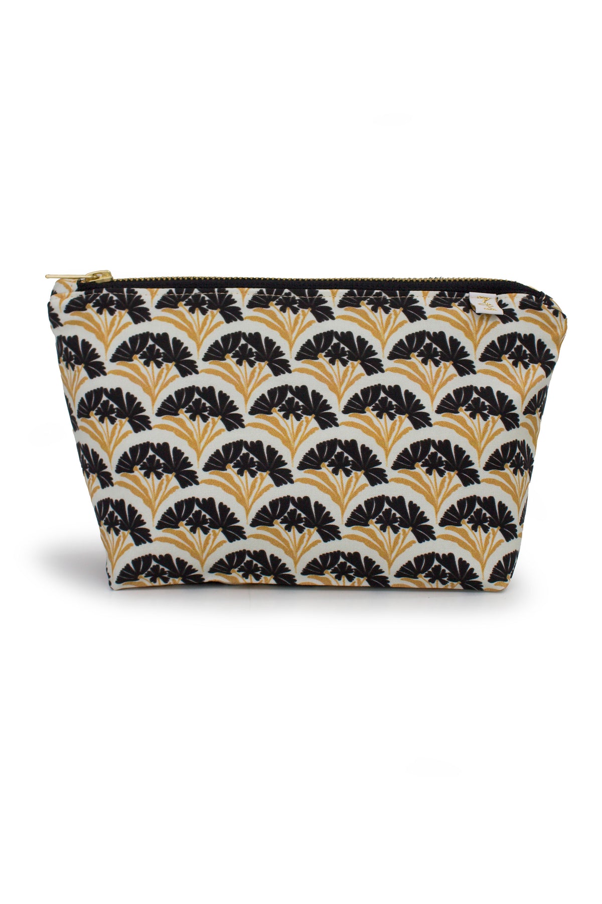 Art Deco Scallop Classic Mini Maxx toiletry bag featuring a cream, black and gold floral scallop pattern with black zipper.