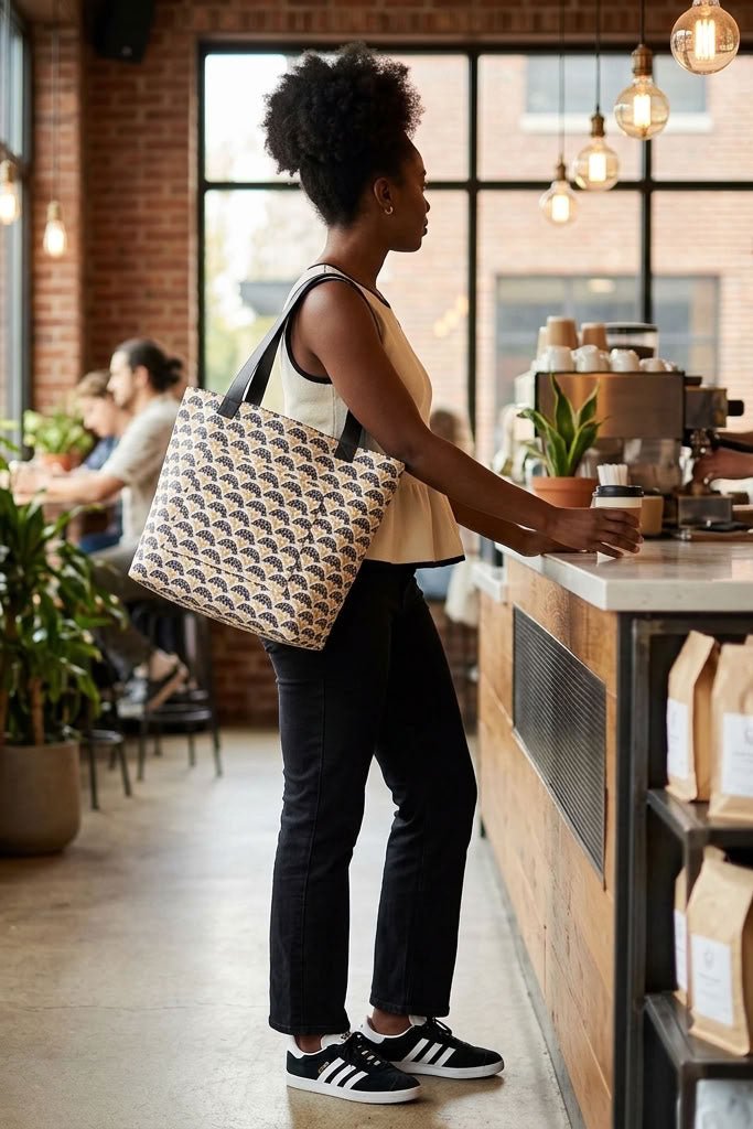 Woman carrying the Art Deco Scallop Classic Everyday Tote over her shoulder while standing in a coffee shop.