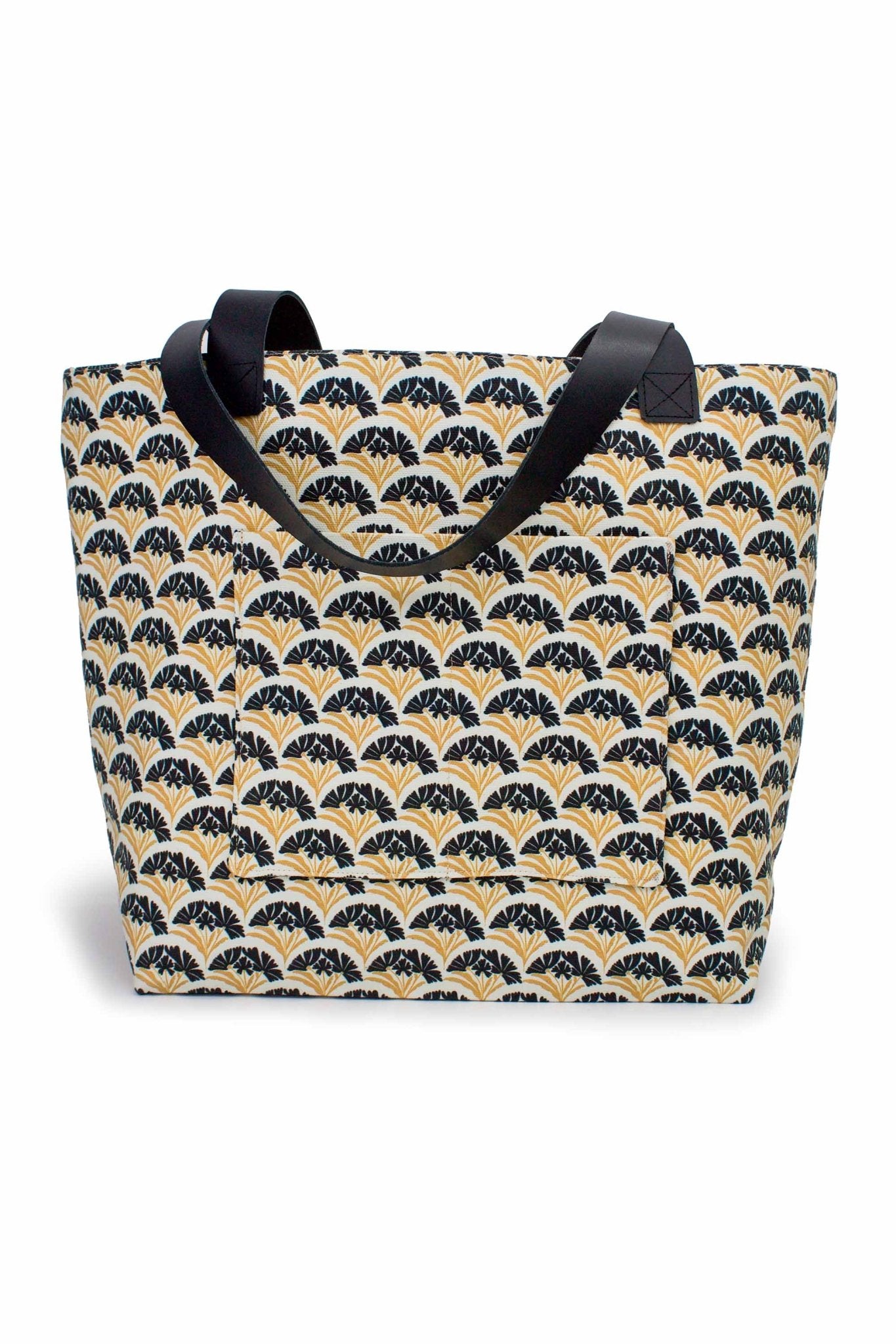 Front view of the Art Deco Scallop Classic Everyday Tote featuring a cream, black and gold floral scallop pattern with black strap