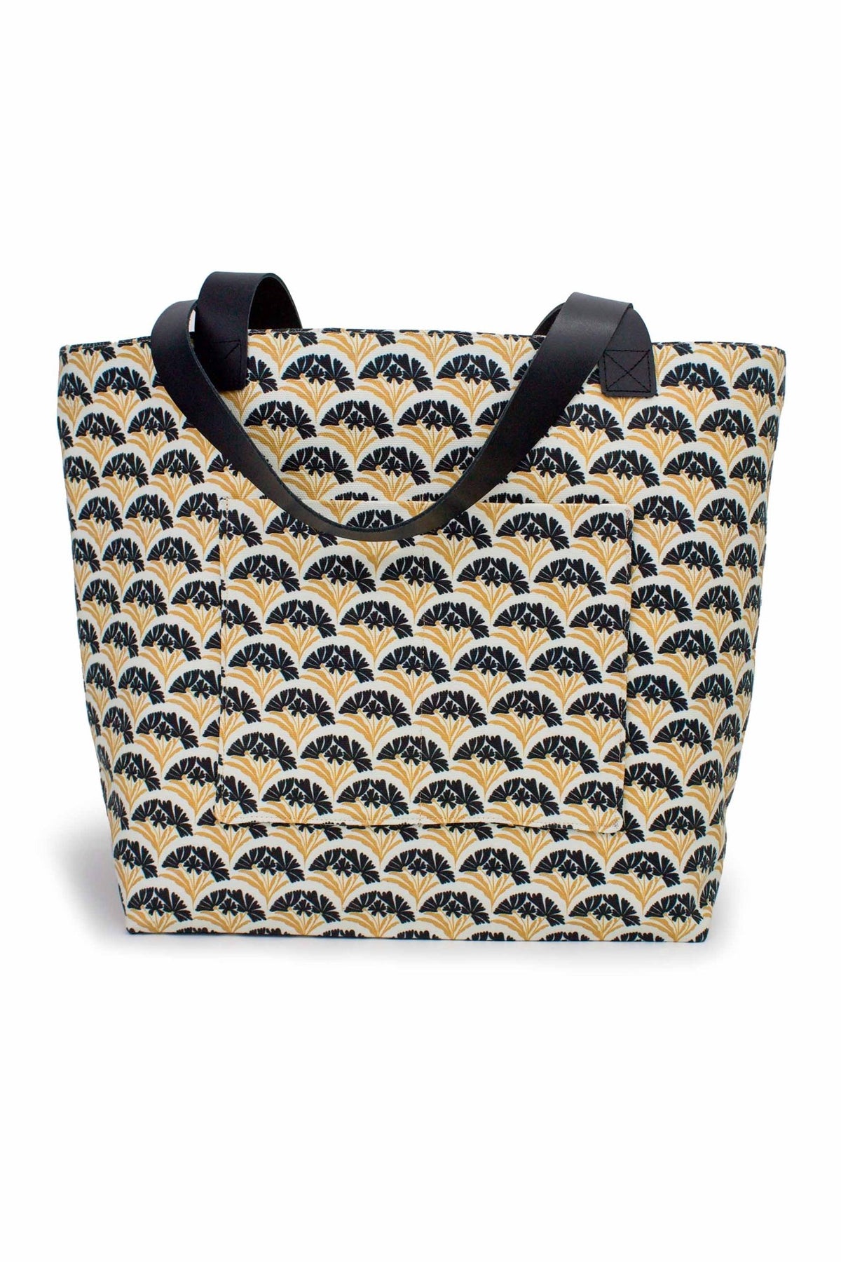 Front view of the Art Deco Scallop Classic Everyday Tote featuring a cream, black and gold floral scallop pattern with black strap