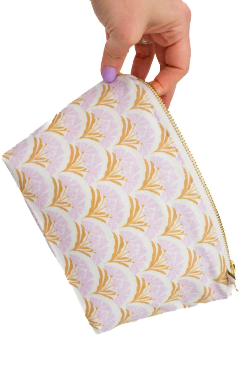 Art Deco Bloom Scallop Golden Lavender Mini Maxx Makeup & Toiletry Bag - Modern Makerie