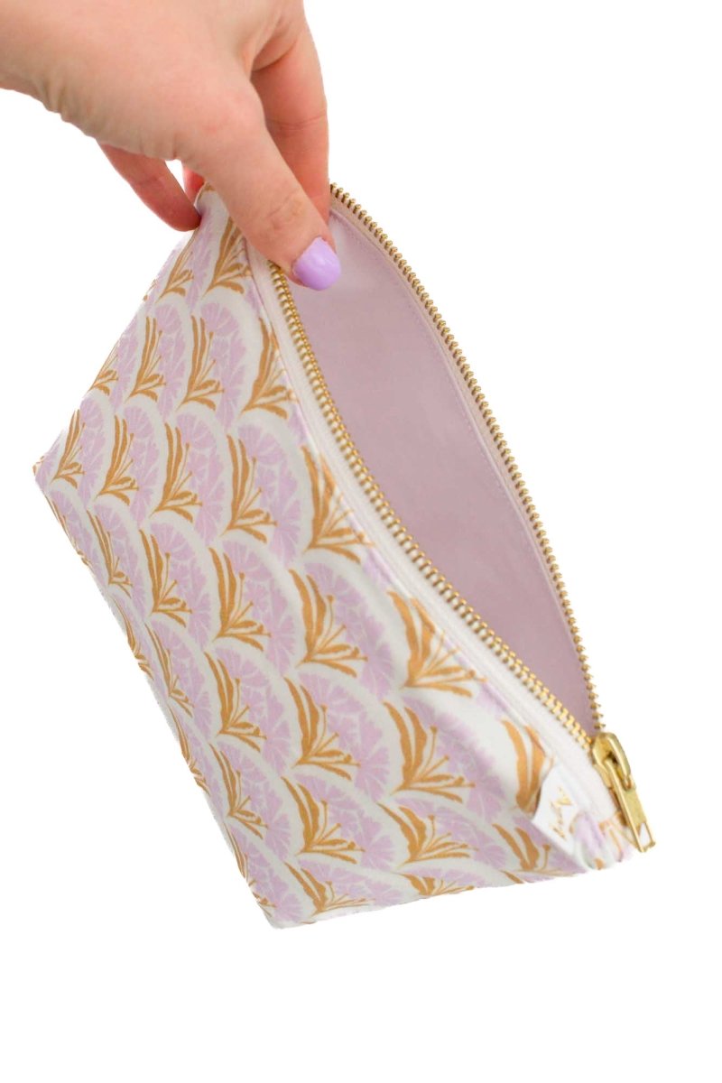 Art Deco Bloom Scallop Golden Lavender Mini Maxx Makeup & Toiletry Bag - Modern Makerie