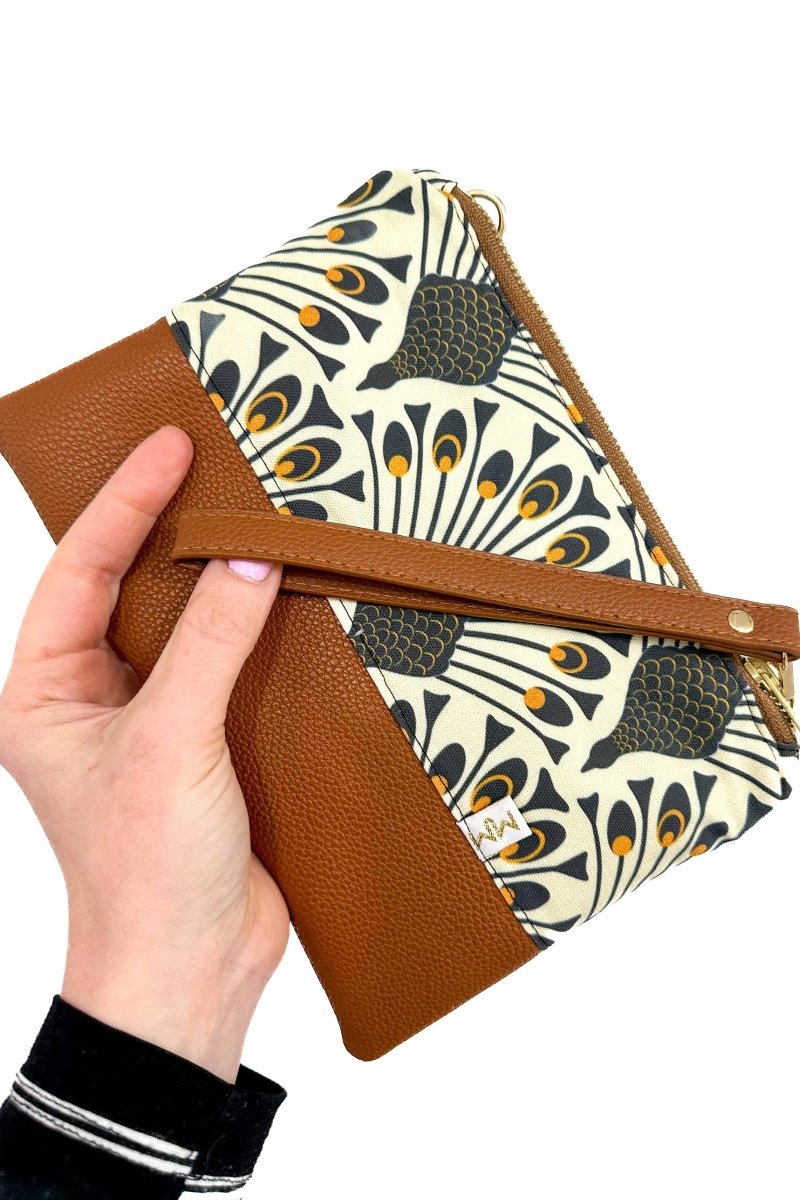 Art Deco Peacock Canvas Convertible Crossbody Wristlet+ with Compartments - Modern Makerie