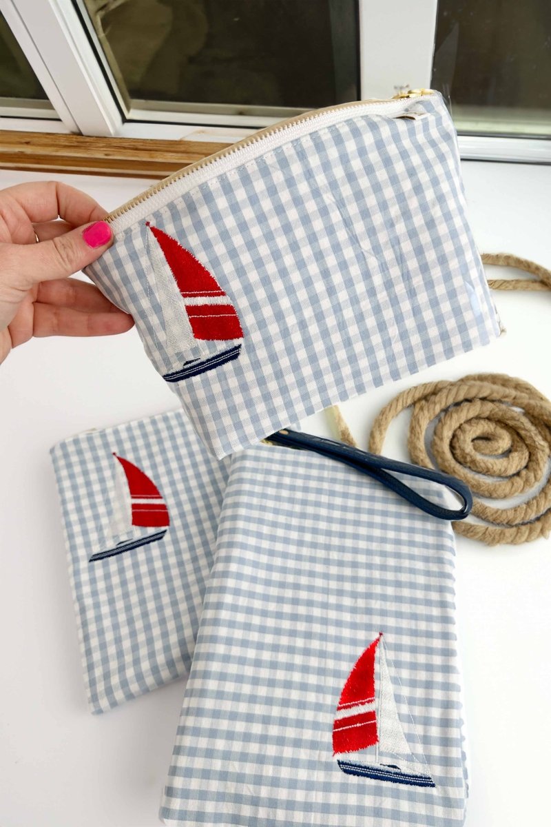 Blue Seersucker Sailboat 3 Piece Baby Bundle - Modern Makerie