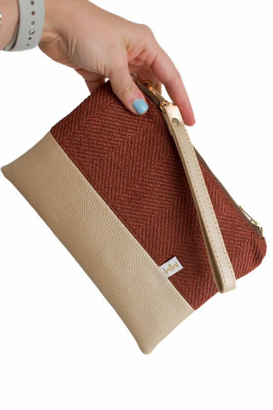 Burnt Orange Herringbone Convertible Crossbody Wristlet+ with Compartments - Modern Makerie