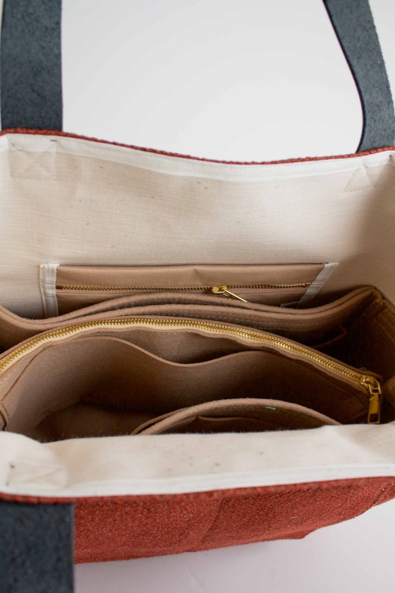 Burnt Orange Herringbone Everyday Canvas Tote Bag with Slate Leather Straps - Modern Makerie