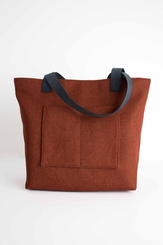 Burnt Orange Herringbone Everyday Canvas Tote Bag with Slate Leather Straps - Modern Makerie