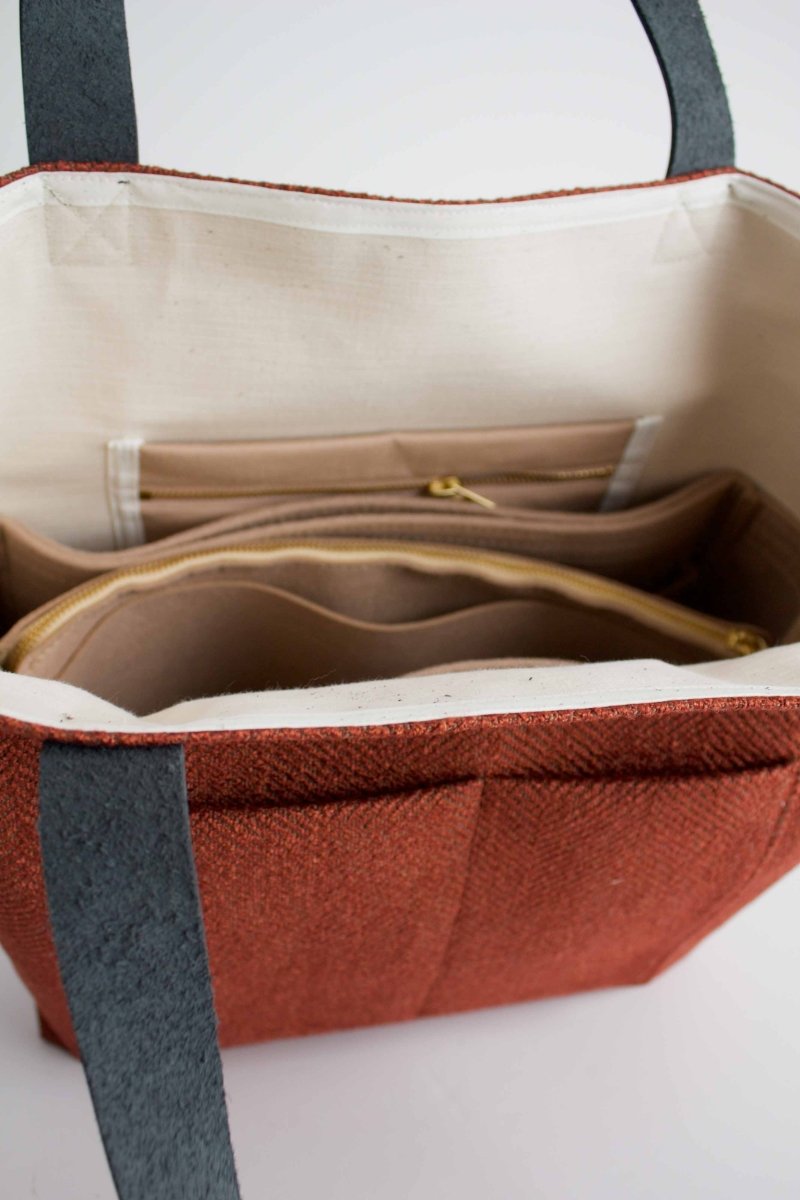 Burnt Orange Herringbone Everyday Canvas Tote Bag with Slate Leather Straps - Modern Makerie