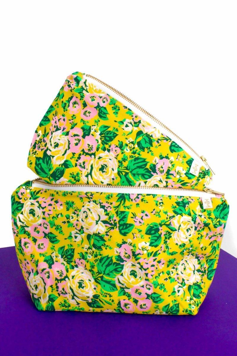 Chartreuse Floral 2 Piece Makeup Bag Bundle - Modern Makerie