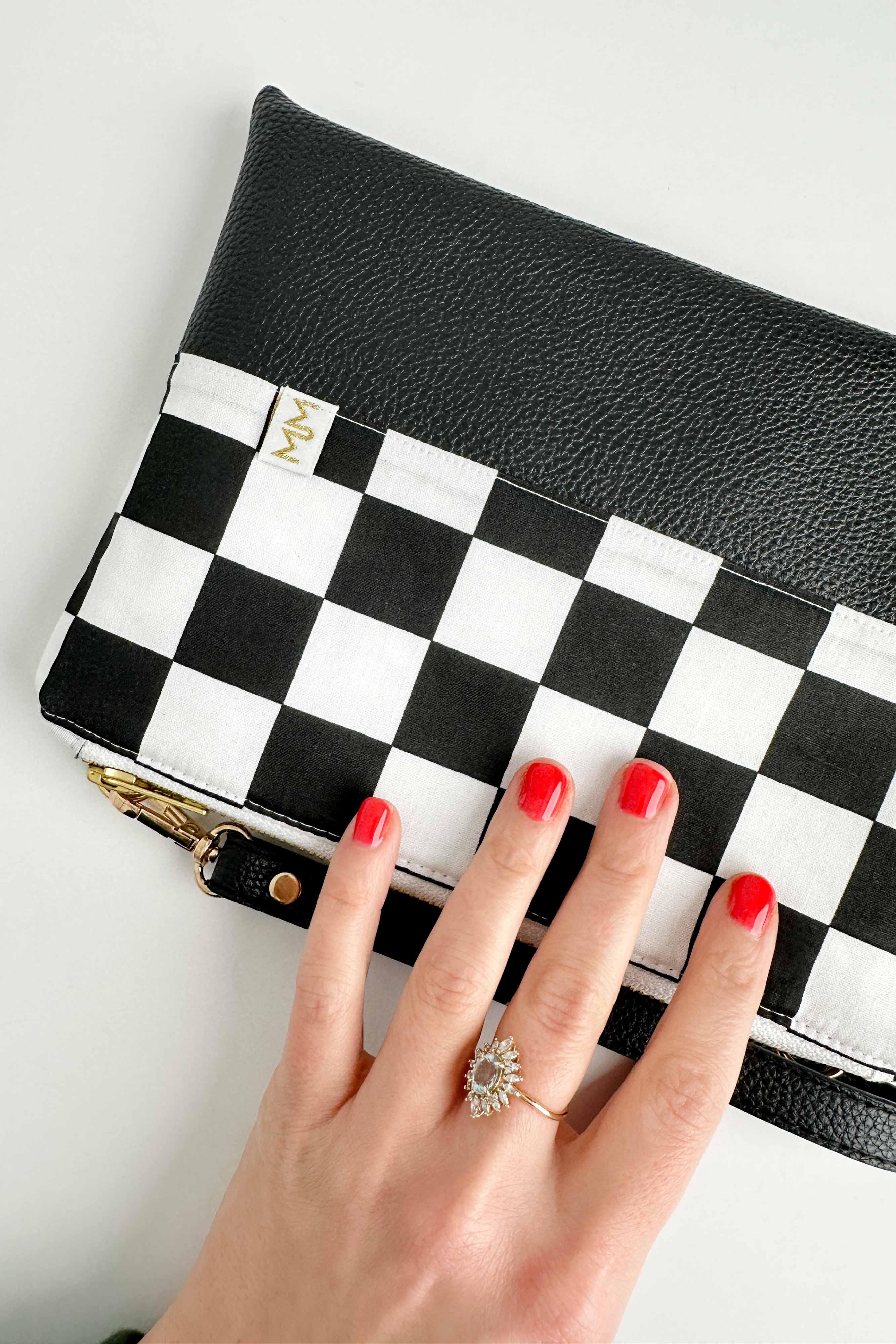 Checker Convertible Crossbody Wristlet+ White Interior with Compartments READY TO SHIP - Modern Makerie