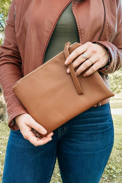Cognac XL Vegan Leather Wristlet, Card Slots|Oversized Convertible