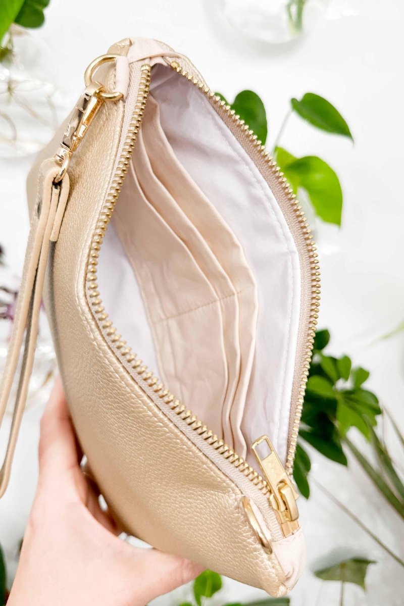 Classic Gold Shimmer Convertible Crossbody Wristlet+ with Compartments - Modern Makerie