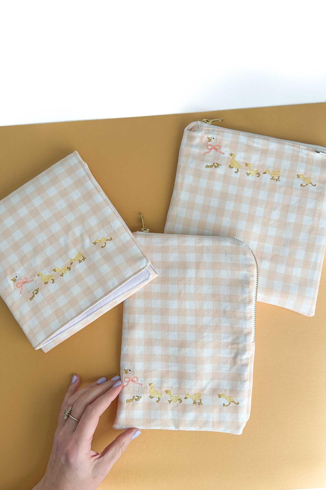Coral Gingham "Ducklings" 3pc Handmade Linen Baby Bundle READY TO SHIP - Modern Makerie
