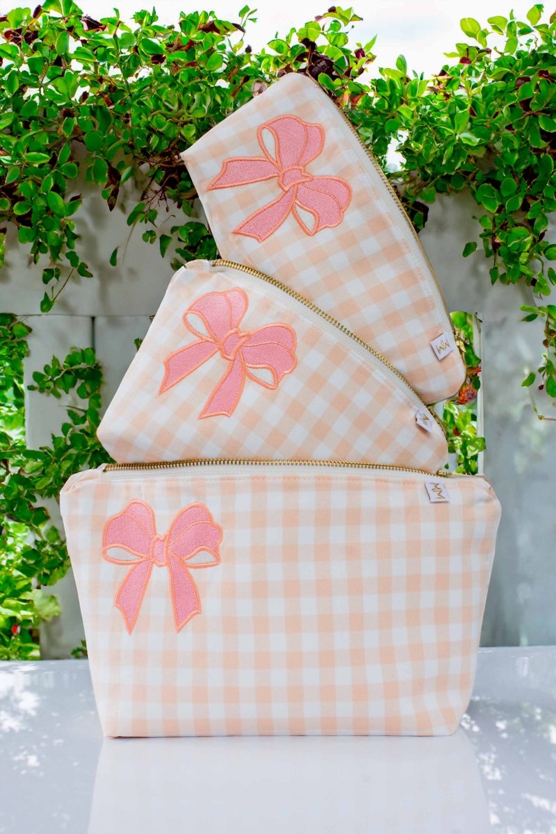 Coral Gingham Linen Bow 3 Piece Baby Travel Bag Set - Modern Makerie