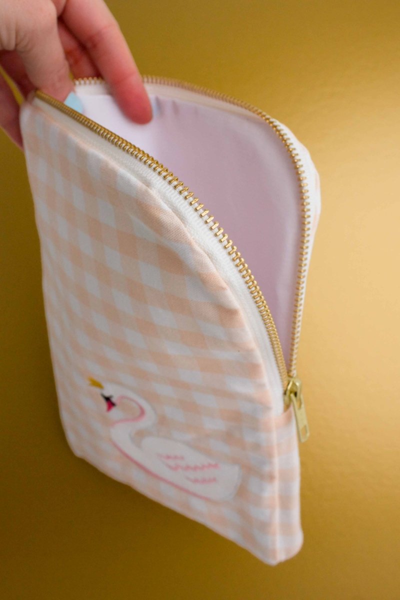 Coral Gingham Linen Swan Everyday Diaper Pouch - Modern Makerie