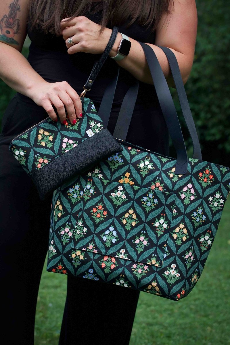 Darling Dahlia Everyday Canvas Work Tote Bag with Leather Straps - Modern Makerie