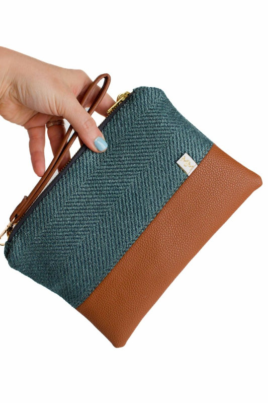 Deep Teal Herringbone Convertible Crossbody Wristlet+ with Compartments - Modern Makerie