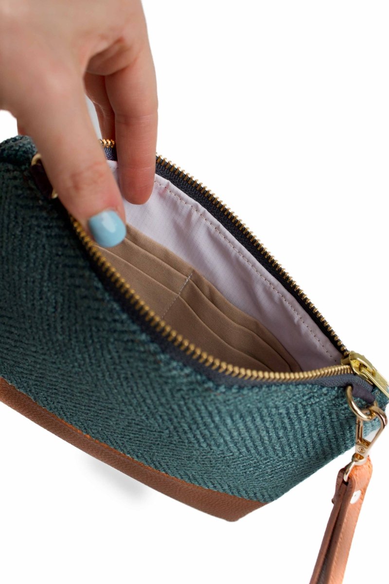 Deep Teal Herringbone Convertible Crossbody Wristlet+ with Compartments - Modern Makerie