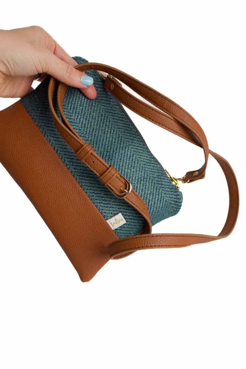 Deep Teal Herringbone Convertible Crossbody Wristlet+ with Compartments - Modern Makerie