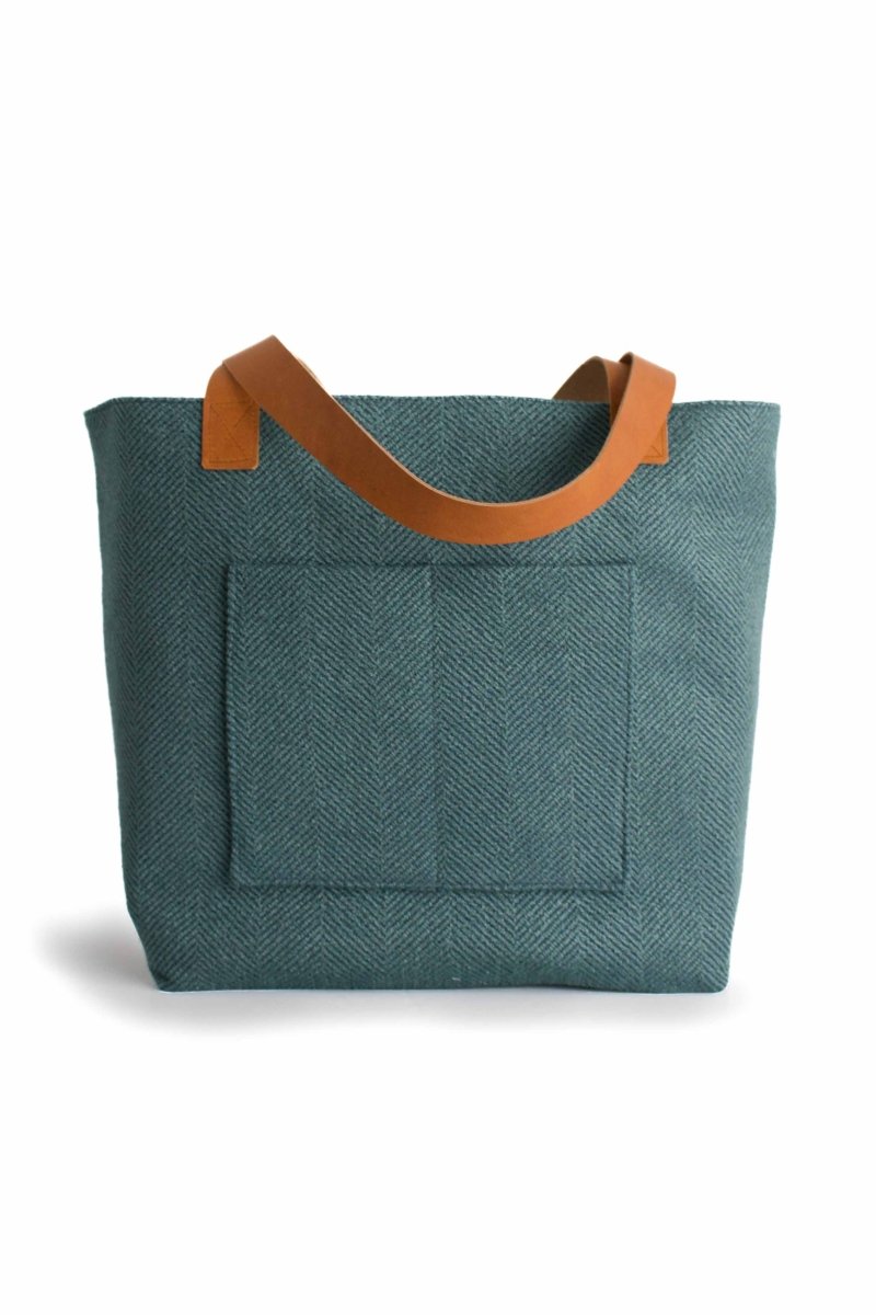 Deep Teal Herringbone Everyday Canvas Tote Bag with Cognac Leather Straps - Modern Makerie