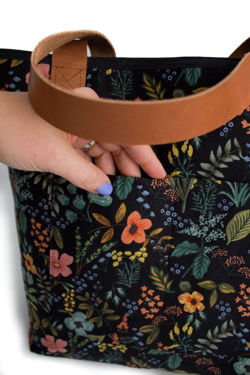 Evening Wildflower Canvas Everyday Leak - Proof Tote Bag with Cognac Leather Straps - Modern Makerie