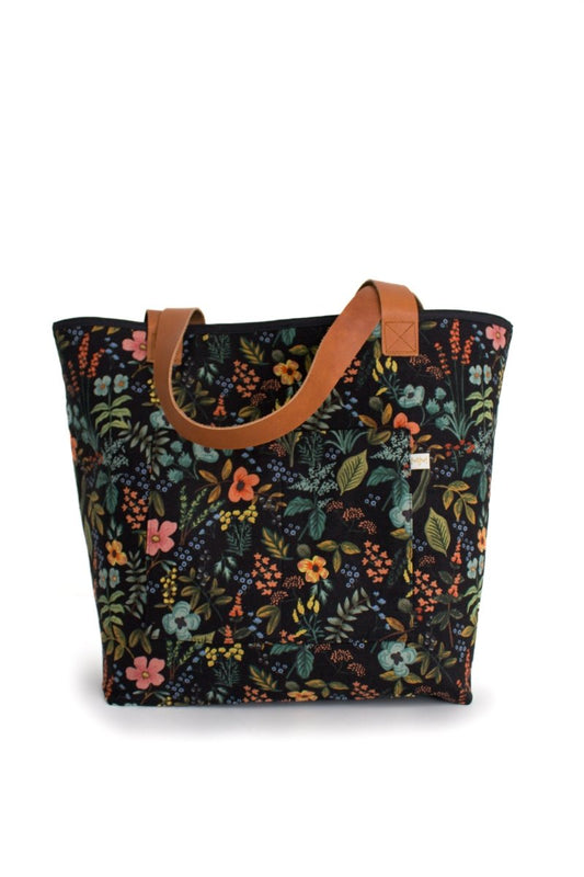 Evening Wildflower Canvas Everyday Leak - Proof Tote Bag with Cognac Leather Straps - Modern Makerie