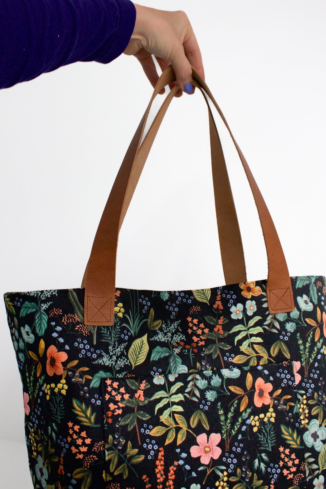 Evening Wildflower Everyday Canvas Work Tote Bag with Leather Straps - Modern Makerie