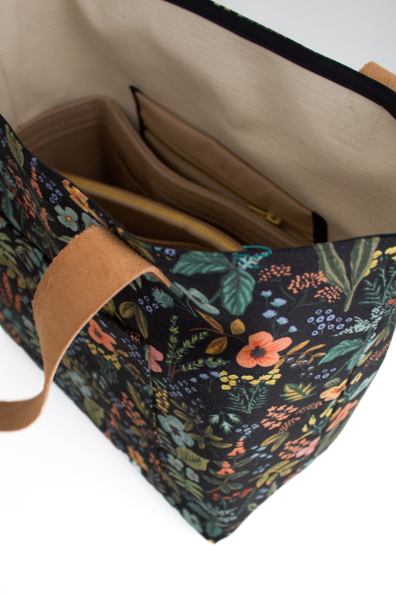 Evening Wildflower Everyday Canvas Work Tote Bag with Leather Straps - Modern Makerie