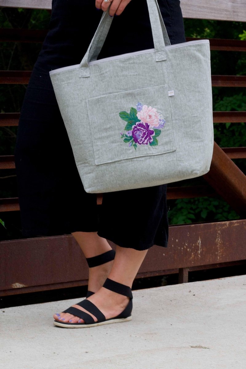 Green Linen "Peony & Hydrangea" Everyday Leak - Proof Tote Bag - Modern Makerie