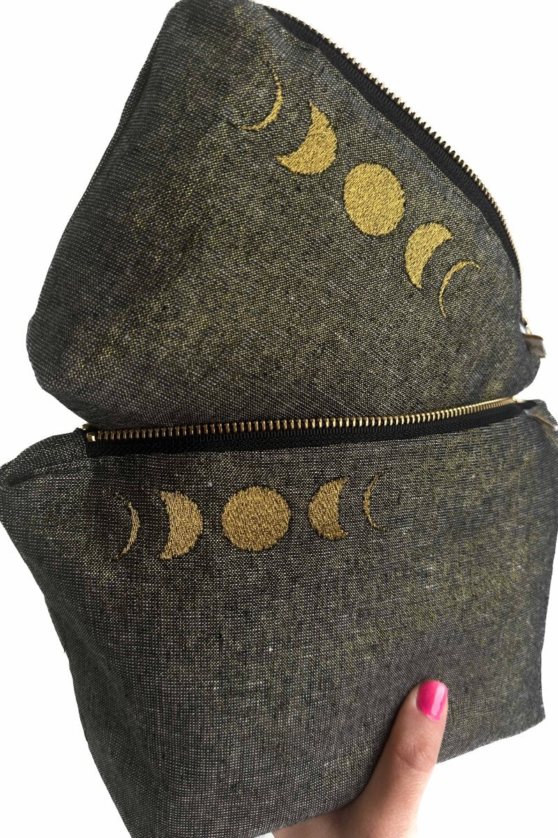 Night Sky Metallic Linen Moon 2 Piece Makeup Bag Set - Modern Makerie