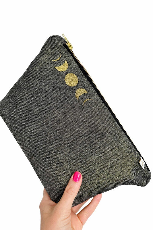 Night Sky Metallic Linen "Moon Phases" Maxx Cosmetic Bag - Modern Makerie