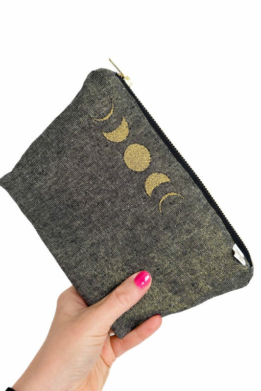 Night Sky Metallic Linen "Moon Phases" Mini Maxx Cosmetic Bag - Modern Makerie