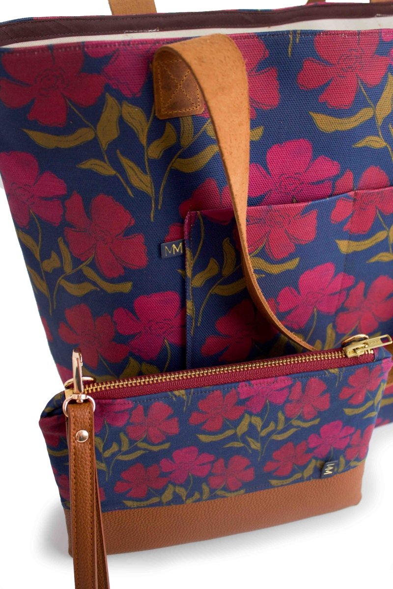 Olive Berry Flora Everyday Canvas Work Tote Bag with Leather Straps - Modern Makerie