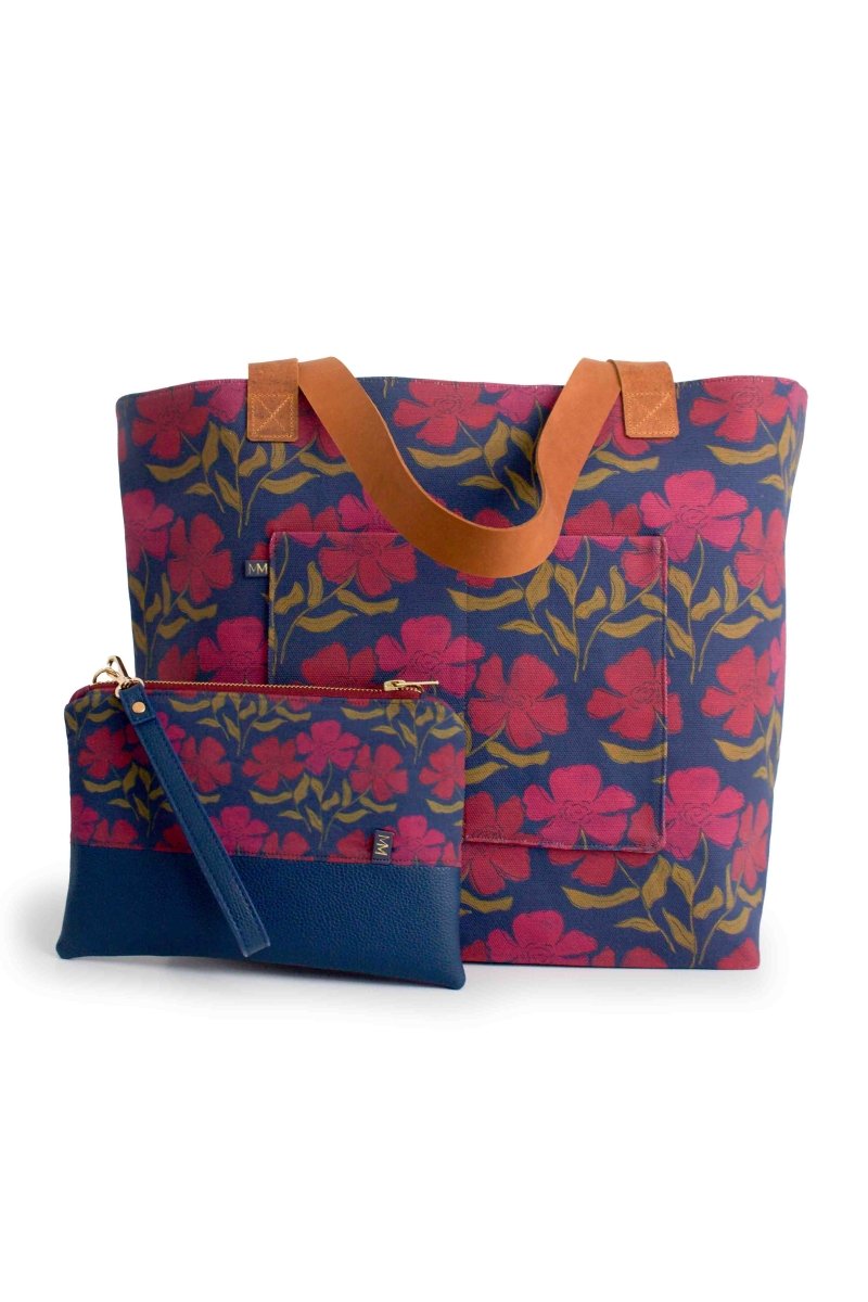 Olive Berry Flora Everyday Canvas Work Tote Bag with Leather Straps - Modern Makerie