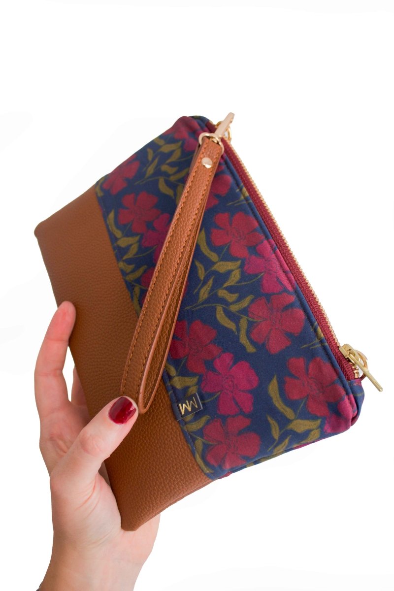 Olive Berry Flora Wristlet – Convertible Canvas Clutch with Card Slots & Elastic Loops - Modern Makerie