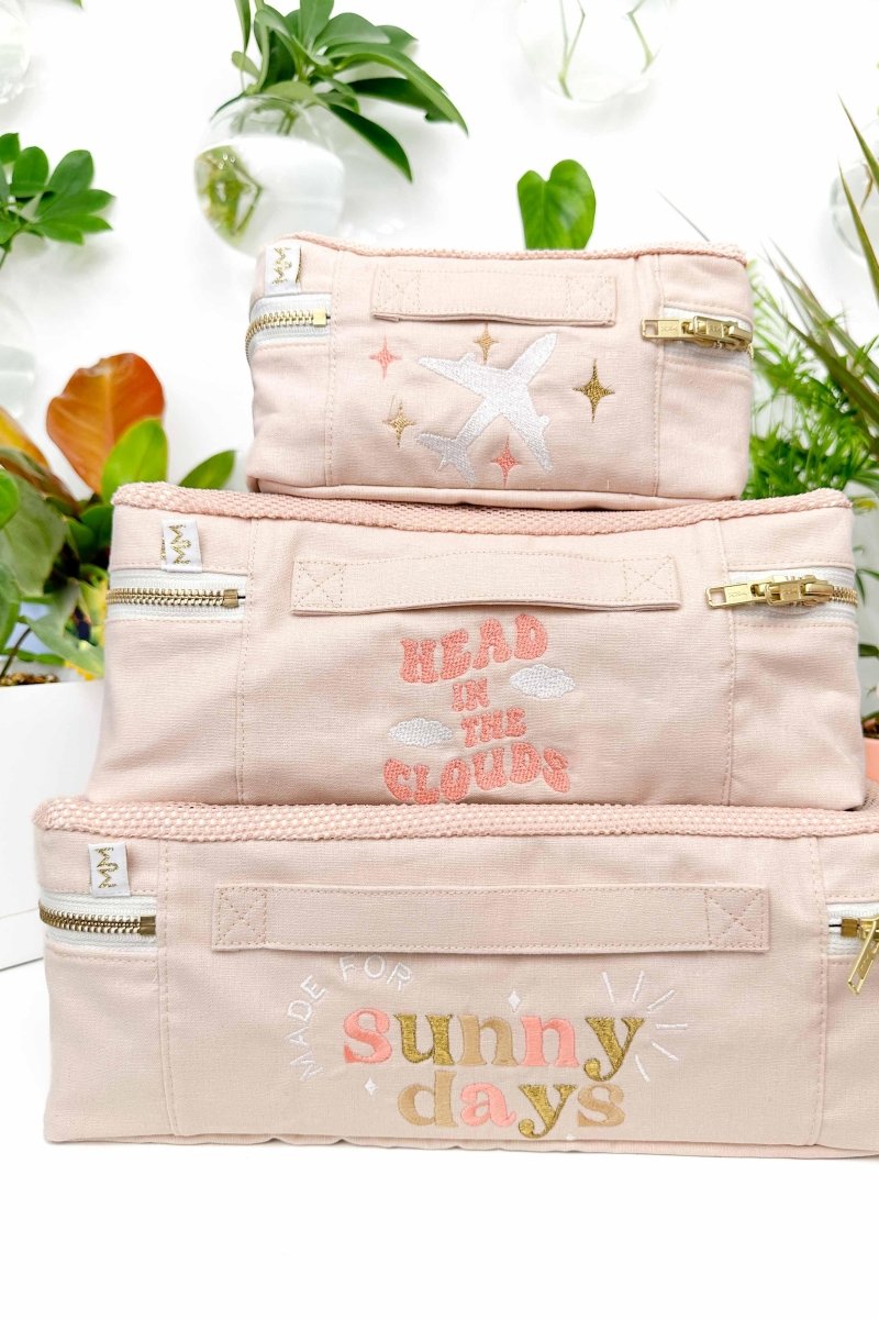 Peach Linen 3 Piece Embroidered Luggage Cube Set - Modern Makerie