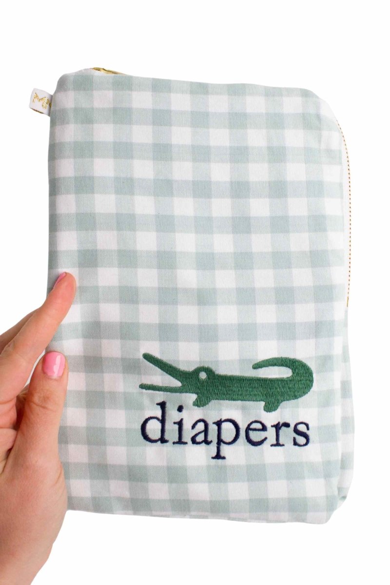 Sage Gingham Alligator Everyday Diaper Pouch - Modern Makerie