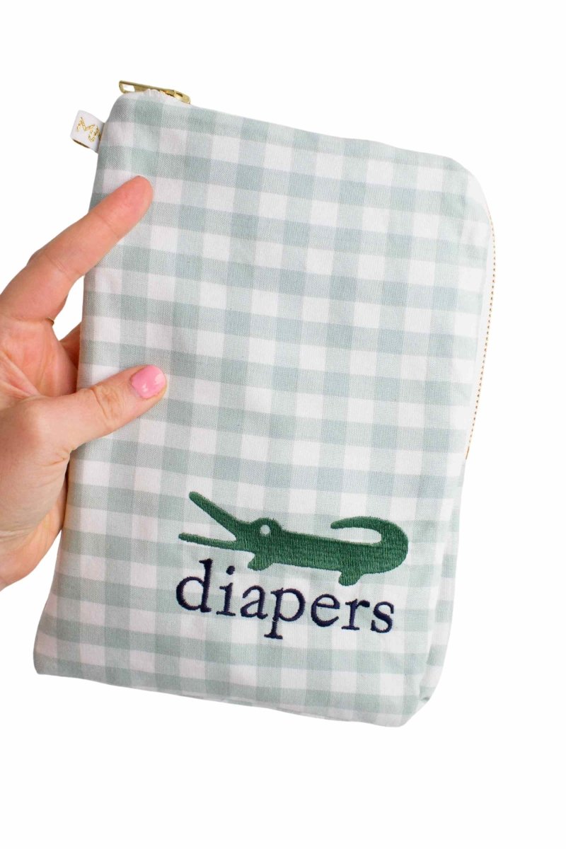 Sage Gingham Alligator Everyday Diaper Pouch - Modern Makerie