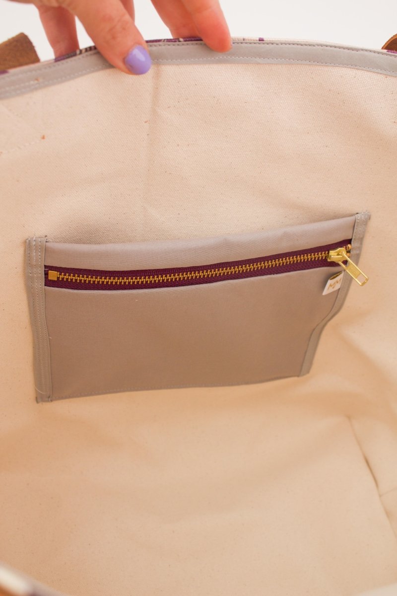 Sunny Meadow in Mulberry Everyday Canvas Work Tote Bag with Leather Straps - Modern Makerie