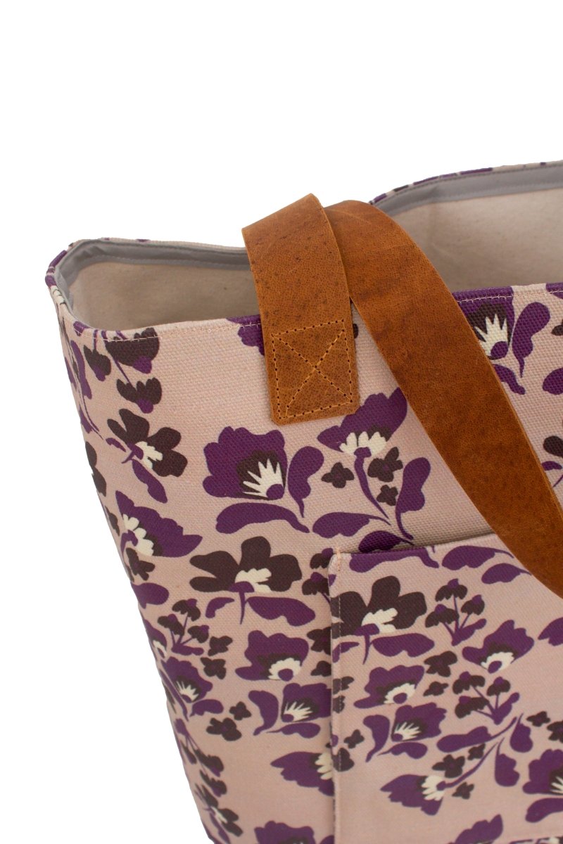 Sunny Meadow in Mulberry Everyday Canvas Work Tote Bag with Leather Straps - Modern Makerie