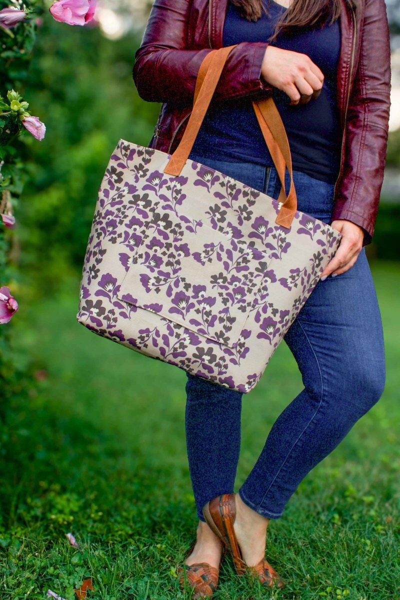 Sunny Meadow in Mulberry Everyday Canvas Work Tote Bag with Leather Straps - Modern Makerie