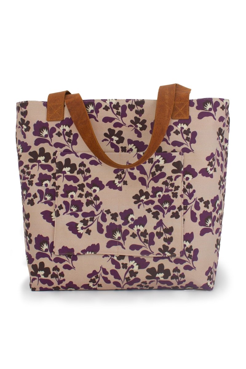 Sunny Meadow in Mulberry Everyday Canvas Work Tote Bag with Leather Straps - Modern Makerie