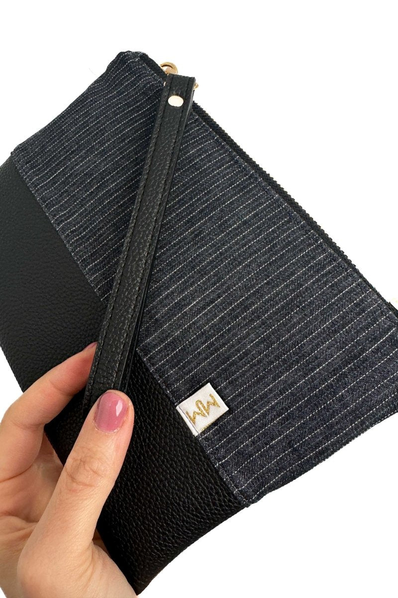 Vintage Black Denim Pinstripe Convertible Crossbody Wristlet+ with Compartments - Modern Makerie