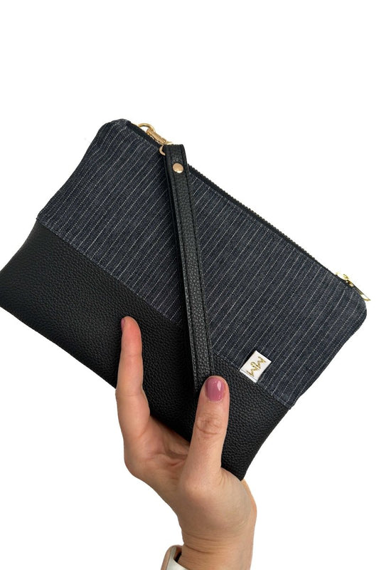 Vintage Black Denim Pinstripe Convertible Crossbody Wristlet+ with Compartments - Modern Makerie