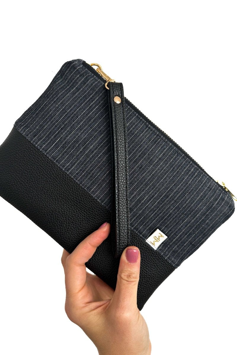 Vintage Black Denim Pinstripe Convertible Crossbody Wristlet+ with Compartments - Modern Makerie